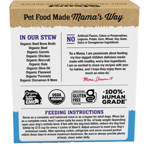 Mama Shawna Organic Stew'd Dog Beef, Chicken, & Veggies 11 oz | Back Image of Beef, Chicken and Veggie Dog Food