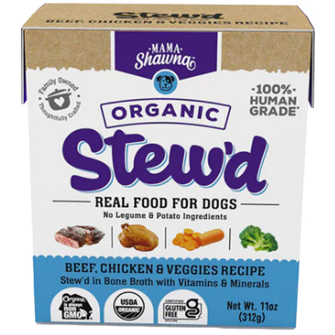 Mama Shawna Organic Stew'd Dog Beef, Chicken, & Veggies 11 oz | Front Image of Beef, Chicken and Veggie Dog Food