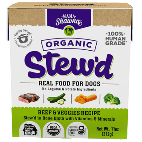 Mama Shawna Organic Stew'd Dog Beef & Veggies 11 oz | Front Image of Beef and Veggie Dog Food