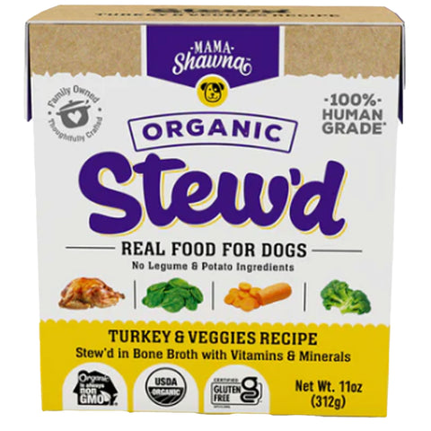 Mama Shawna Organic Stew'd Dog Turkey & Veggies 11 oz | Front Image of Turkey and Veggie Dog Food