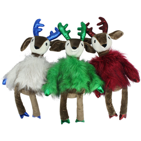 Multipet Holiday Dapper Deer Dog Toy - 17" | Front Image of Green, Grey, Red Fuzzy Deer