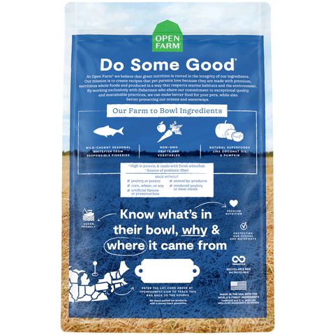 Open Farm Catch of the Season Whitefish & Green Lentil Dry Dog Food, Back Image of Blue Bag of Dog Food