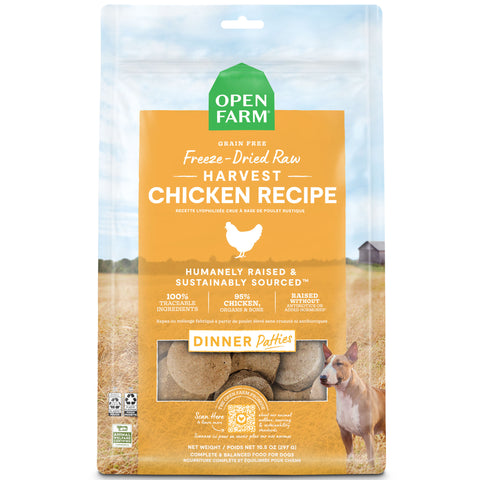 Open Farm Freeze-Dried Patties Dog Chicken 17.5oz | Front Image of Chicken Recipes Dinner Patties