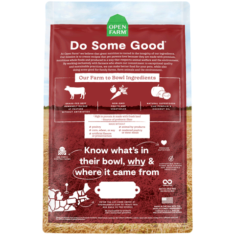 Open Farm Grass-Fed Beef Dry Dog Food, Back Image of Red Dog Food Bag