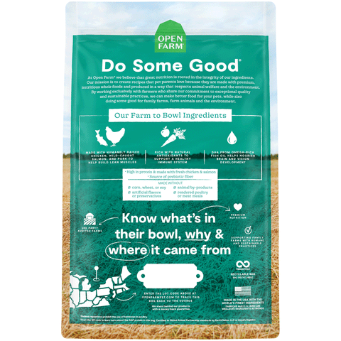 Open Farm Puppy Dry Dog Food, Back Image of Blue/Green Bag of Dog Food