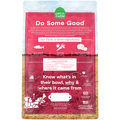 Open Farm Homestead Wild Caught Salmon Dry Dog Food, Back Image of Red Bag of Dog Food
