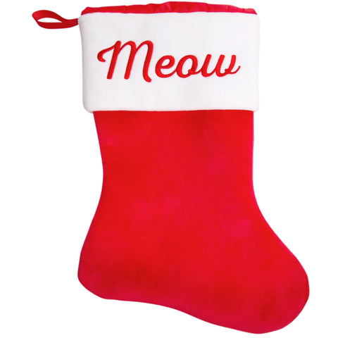 Pearhead Meow Holiday Stocking | Front Image of Red Stocking