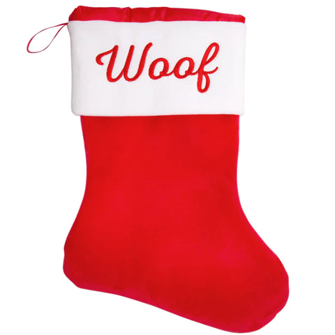 Pearhead Woof Holiday Stocking | Front Image of Red Dog Stocking