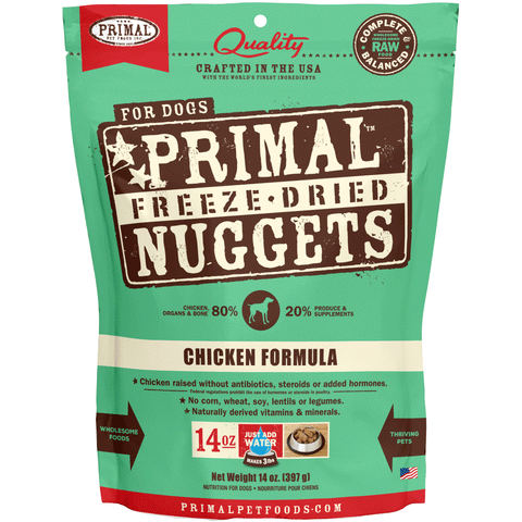 Primal Freeze-Dried Chicken Formula Dog Food, Front Image of 14oz Primal Freeze-Dried Nuggets