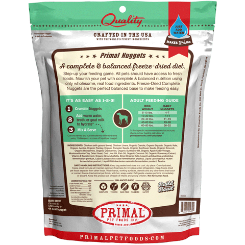 Primal Freeze-Dried Chicken Formula Dog Food, Back Image of 5.5oz Primal Freeze-Dried Nuggets