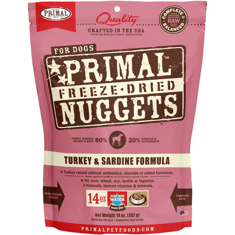 Primal Freeze-Dried Turkey & Sardine Formula Dog Food, Front Image of 14oz Primal Freeze-Dried Nuggets