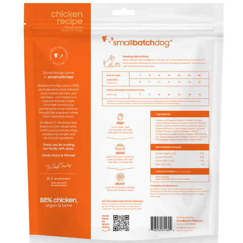 Dog food package with 'Smallbatch Dog' branding on an orange and white background