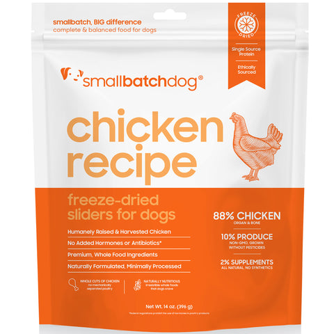 Smallbatch dog food package with chicken recipe on a white background