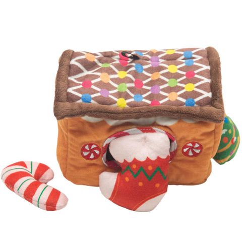 Snug Arooz Hide & Seek Gingerbread House Burrow Dog Toys - 6" | Front Image of Plush Burrow Gingerbread House