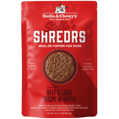 Red package of Stella & Chewy's Stella's Shredrs for dogs on a white background