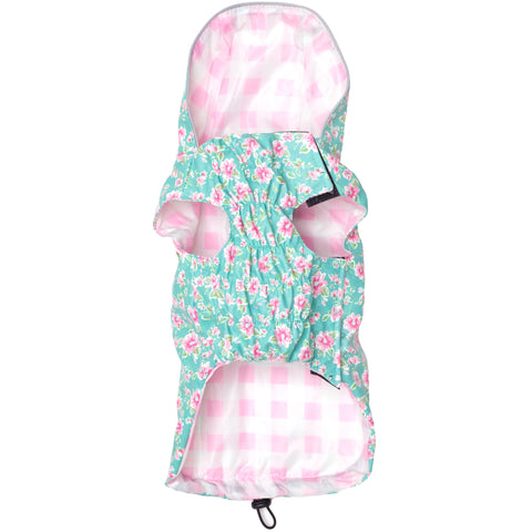 The Worthy Dog Floral Raincoat | Front Image of Blue and Pink Floral Raincoat