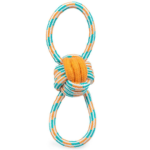 Front Image of Teal and Orange Rope Toy Tied Into a Ball