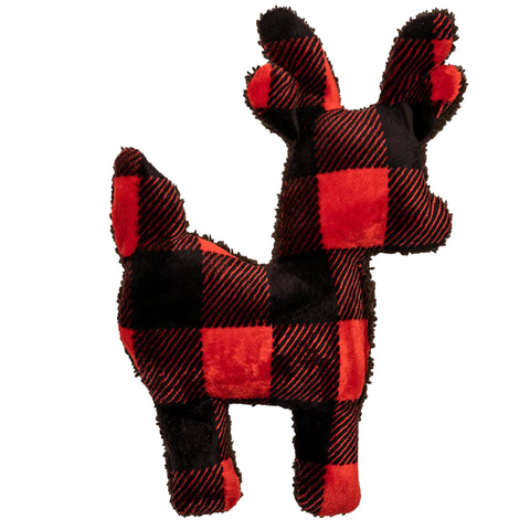 West Paw Ruff Tuff Reindeer Dog Toy | Front Image of Red and Black Plaid Reindeer - Large