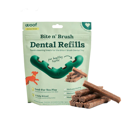 Package of Woof Bite n' Brush Dental Refills with dental toy and treats on a white background