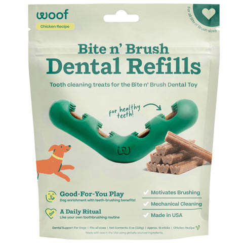 Package of 'Bite n' Brush Dental Refills' for dog toys with green dental refills and text on a white background.
