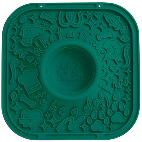 Green pet mat with various designs and text on a white background