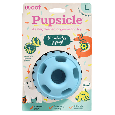 Pupsicle dog toy packaging with blue and black design on a colorful background