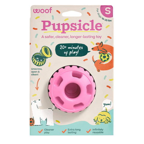 Pupsicle dog toy packaging with pink toy and colorful text on a white background