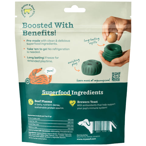 Dog toy packaging with superfood ingredients and benefits on a white background