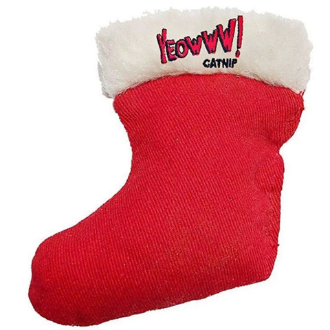 YEOWWW! Red Stocking Cat Toy | Front Image of Stocking Filled with Catnip