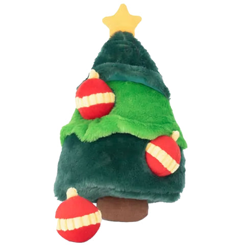 Zippy Paws Christmas Tree Burrow Dog Toy | Front Image of Green Plush Burrow Christmas Tree with Red Ornaments