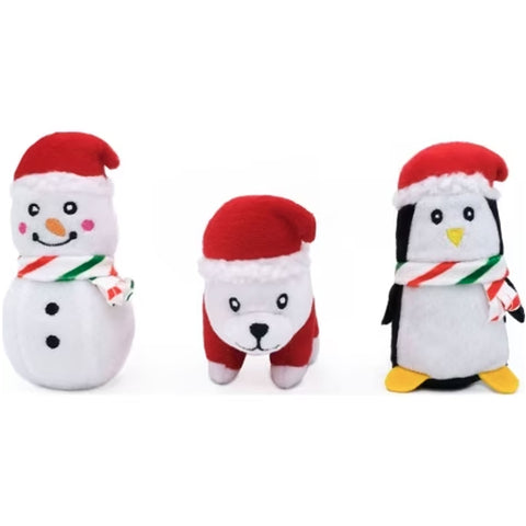 Zippy Paws Holiday Miniz Festive Animals Dog Toys - 3 Pack | Front Image of Plush Snowman, Polar Bear, Penguin