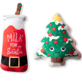 Fringe Santa Ready Dog Toys, Main image of Christmas tree plush and Milk for Santa plush