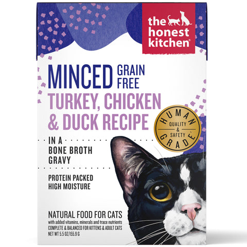 Honest Kitchen | Grain-Free Minced Turkey, Chicken, & Duck in Gravy Wet Cat Food | Box Front