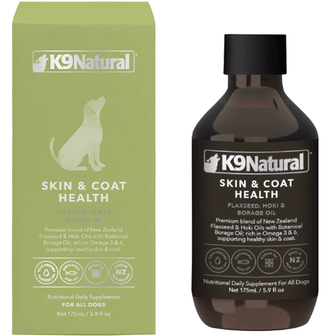 K9 Natural Skin & Coat Health Oil 5.9 oz. Front image of the flaxseed oil bottle and green packaging.