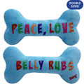 Lulubelles Holiday Power Plush Peace, Love, and Belly Rubs, Front and back image of blue bone embroidered with Peace, Love, Belly Rubs.