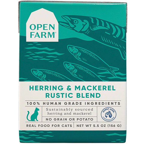 Open Farm Rustic Blend Herring and Mackerel Wet Cat Food, Front Image of blue/green packaging