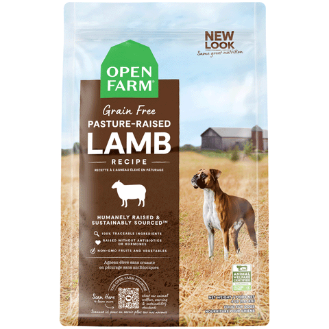 Open Farm Pasture Raised Lamb Dry Dog Food, Front Image of Brown Bag of Dog Food