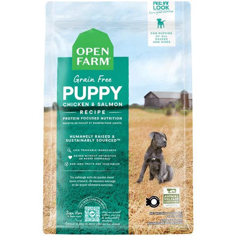 Open Farm Puppy Dry Dog Food, Front Image of Blue/Green Bag of Dog Food
