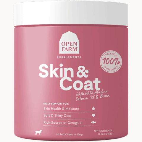 Open Farm Skin and Coat Salmon Oil Chews 90 ct, Front Image of pink supplement container