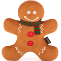 P.L.A.Y. Gingerbread Man Dog Toy, Front image of a brown gingerbread man with red buttons and a red/green striped scarf