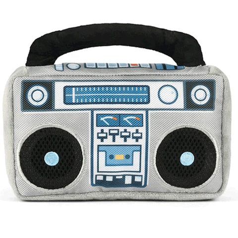 P.L.A.Y. Grey Boombox Dog Toy | Front Image of Grey Plush Boombox