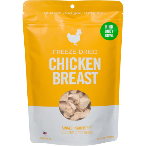 MIND BODY BOWL Chicken Breast Freeze-Dried Treats For Dogs and Cats - 2.5oz | Front Image of Packed Freeze-Dried Chicken Treats