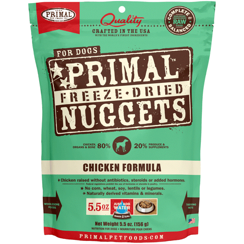 Primal Freeze-Dried Chicken Formula Dog Food, Front Image of 5.5oz Primal Freeze-Dried Nuggets