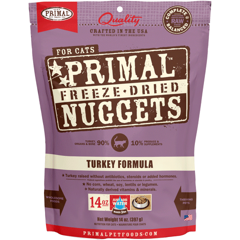 Primal Freeze-Dried Turkey Formula Cat Food 14oz, Front Image of Primal Freeze-Dried Nuggets for Cats