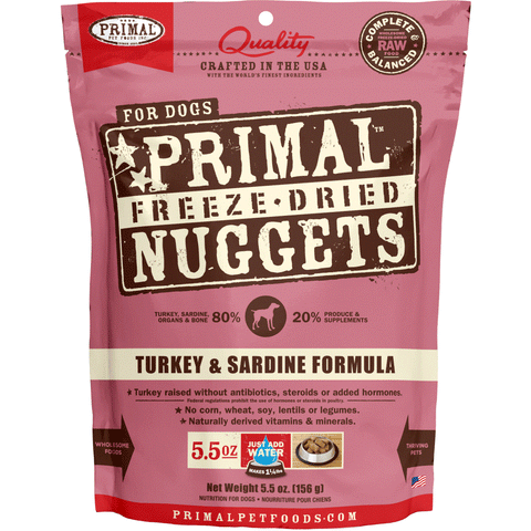 Primal Freeze-Dried Turkey & Sardine Formula Dog Food, Front Image of 5.5oz Primal Freeze-Dried Nuggets