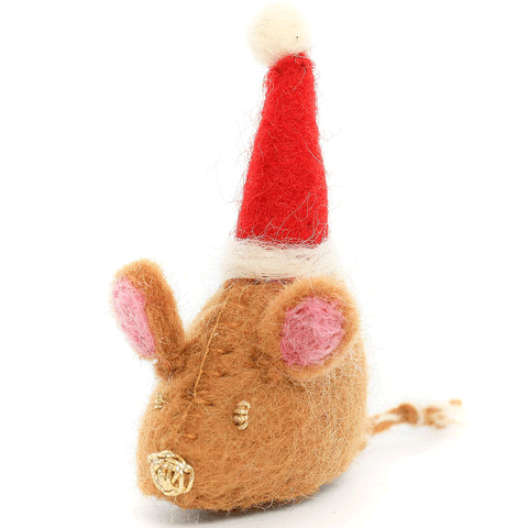 The Foggy Dog Mouse with Santa Hat Cat Toy, Front Image of Brown Wool Felt Cat Toy
