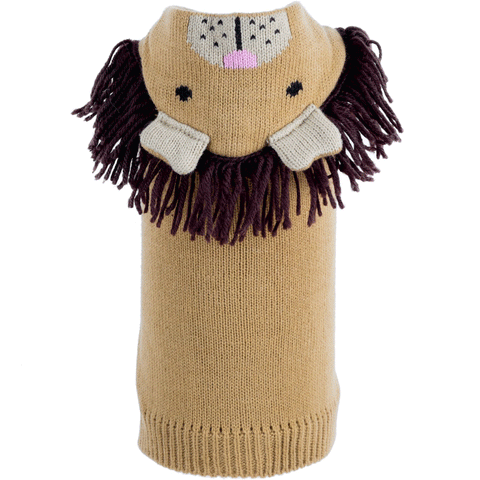 The Worthy Dog Cecil the Lion Sweater, Front catalog image showing a sweater with a lion face and mane on the hood