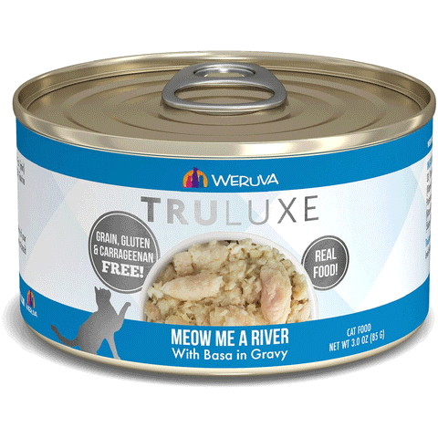 Weruva Truluxe Meow Me a River Cat Food | Front Image of Cat Food made with Basa in Gravy